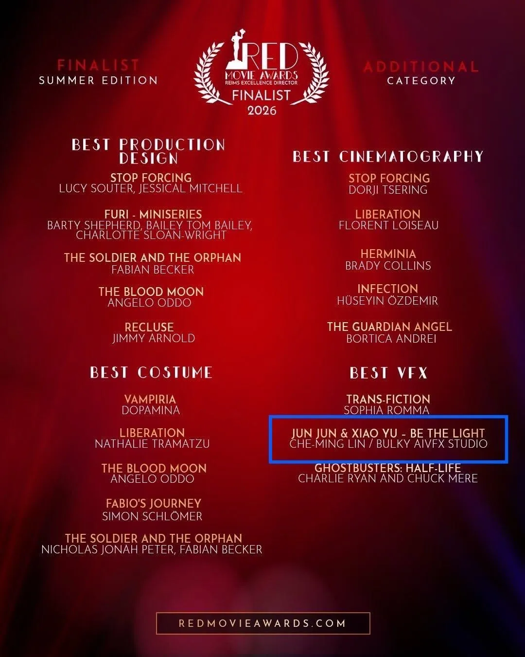 林哲民在RED MOVIE大獎拿下最佳視覺效果獎。(圖/翻攝自https://redmovieawards.com/)