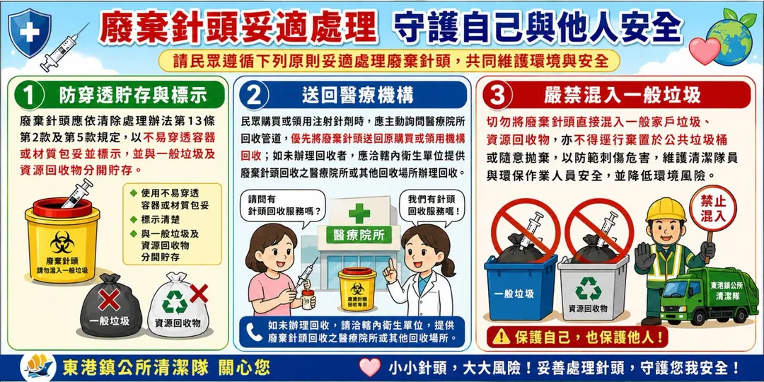 東港鎮公所清潔隊提醒，廢棄針頭亂丟最高可依廢棄物清理法裁罰10萬元。（圖／翻攝自臉書／東港鎮公所）