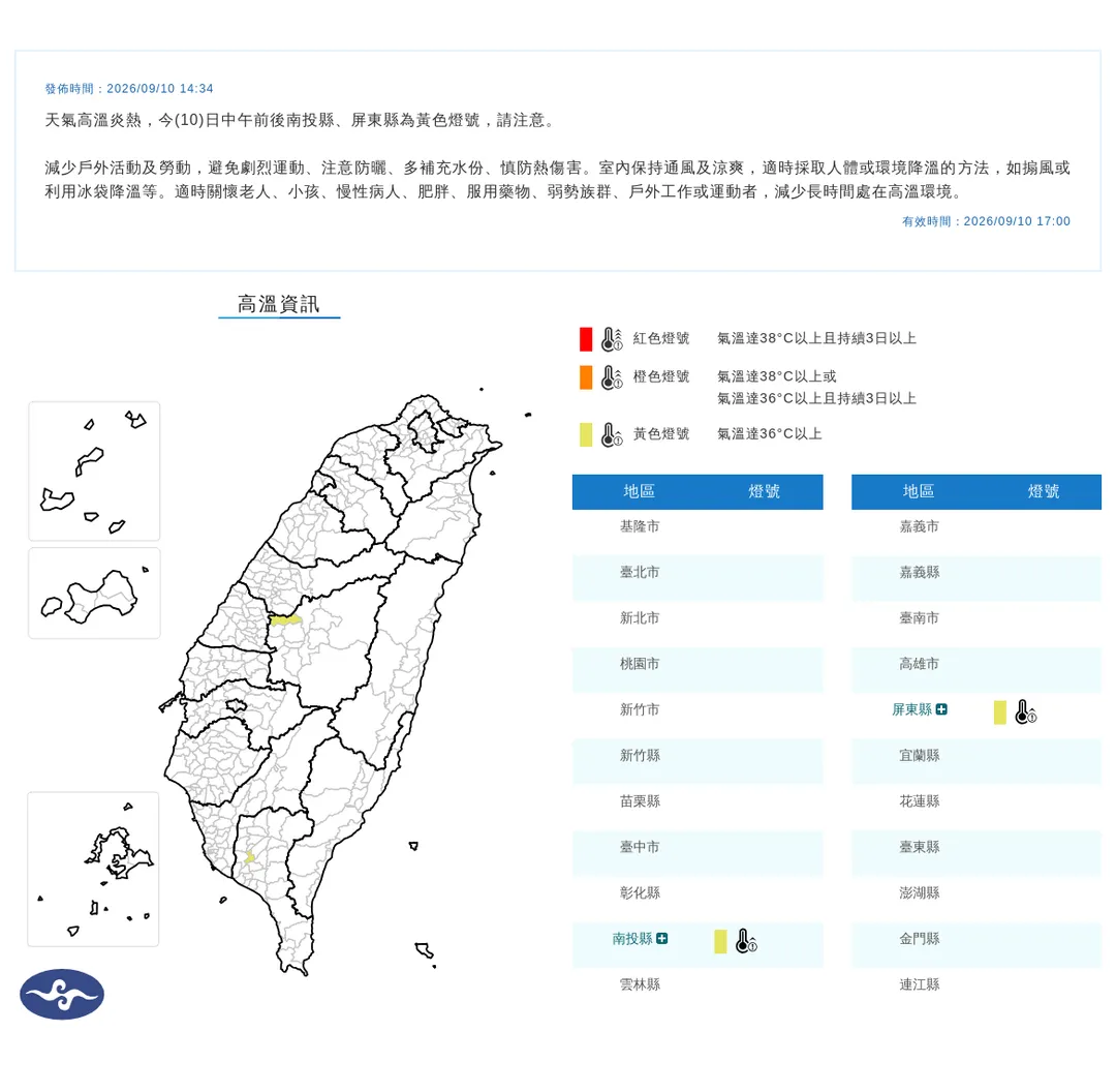 中央氣象署於10日下午2點34分發布2縣市高溫黃色燈號資訊。(圖/氣象署提供)