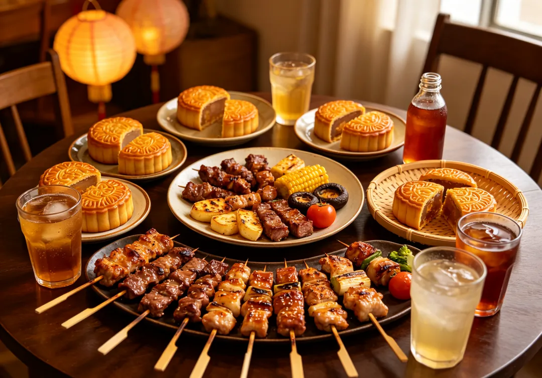 中秋節將至，月餅、烤肉及含糖飲料接連上桌，熱量容易在聚餐中不知不覺超標。（示意圖／AI生成圖）