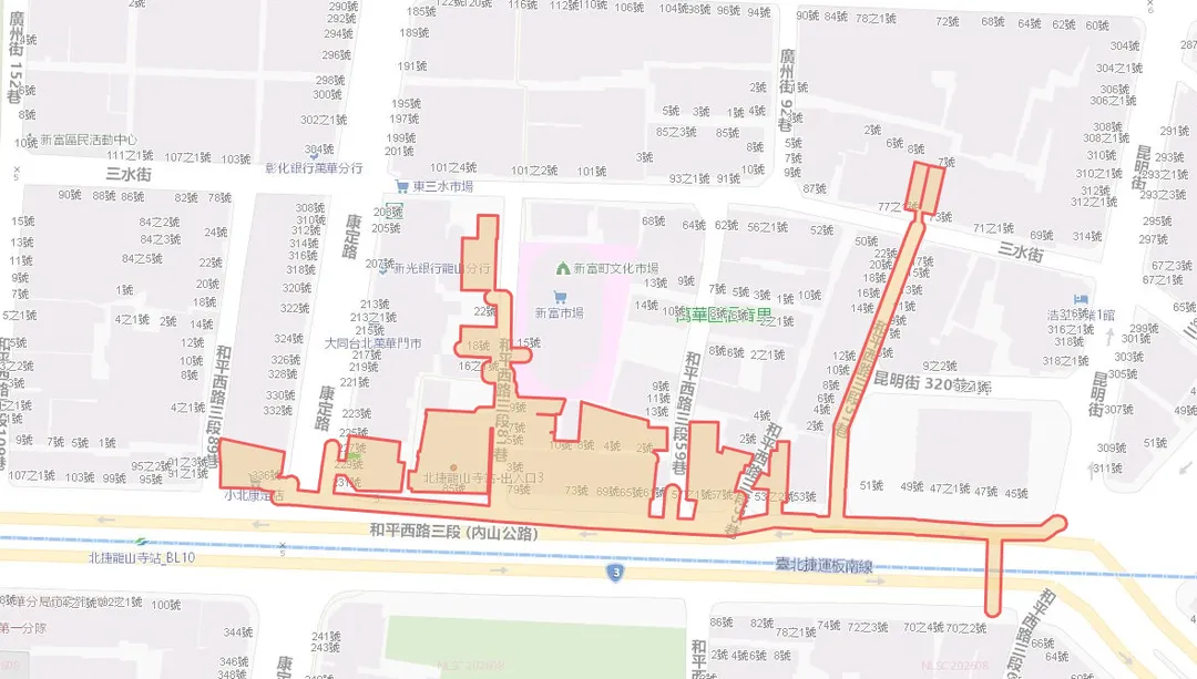 台北市萬華區三水街77號總表、三水街東市場攤位28號、和平西路三段53號之2~85號（單號側）、和平西路三段81巷3~22號、和平西路三段89巷11弄內公共廁所、康定路229號總表、338號12日將停水。（圖／翻攝台北自來水事業處）