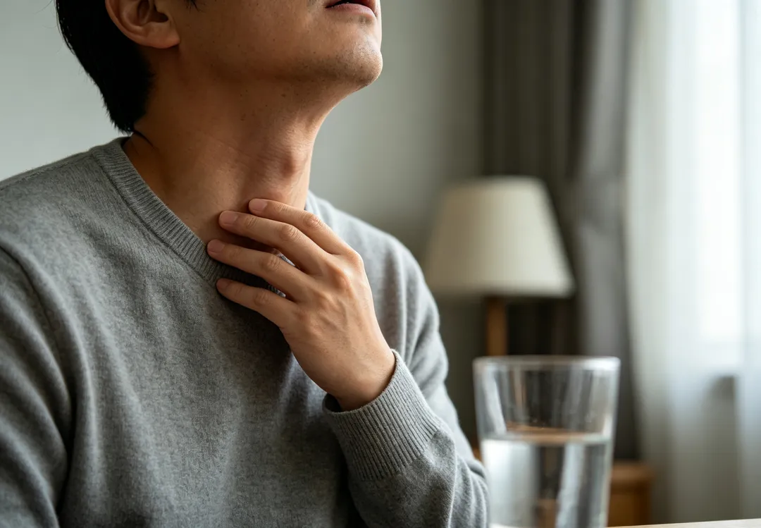 秋季天氣轉乾，不少人開始出現喉嚨乾癢、乾咳、皮膚搔癢及脫屑等不適。（示意圖／AI生成圖）