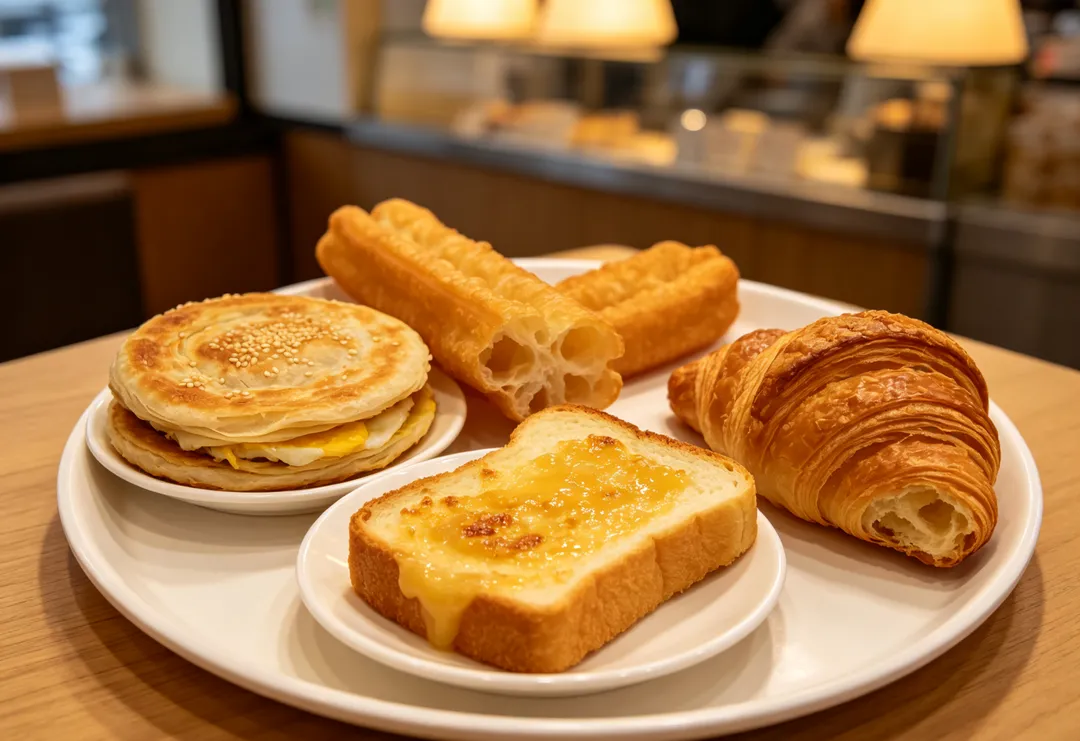 燒餅油條、酥皮蛋餅、奶酥厚片、可頌等，屬於高澱粉加高油脂的選擇，若天天食用，容易攝取過多熱量與飽和脂肪。（示意圖／AI生成圖）
