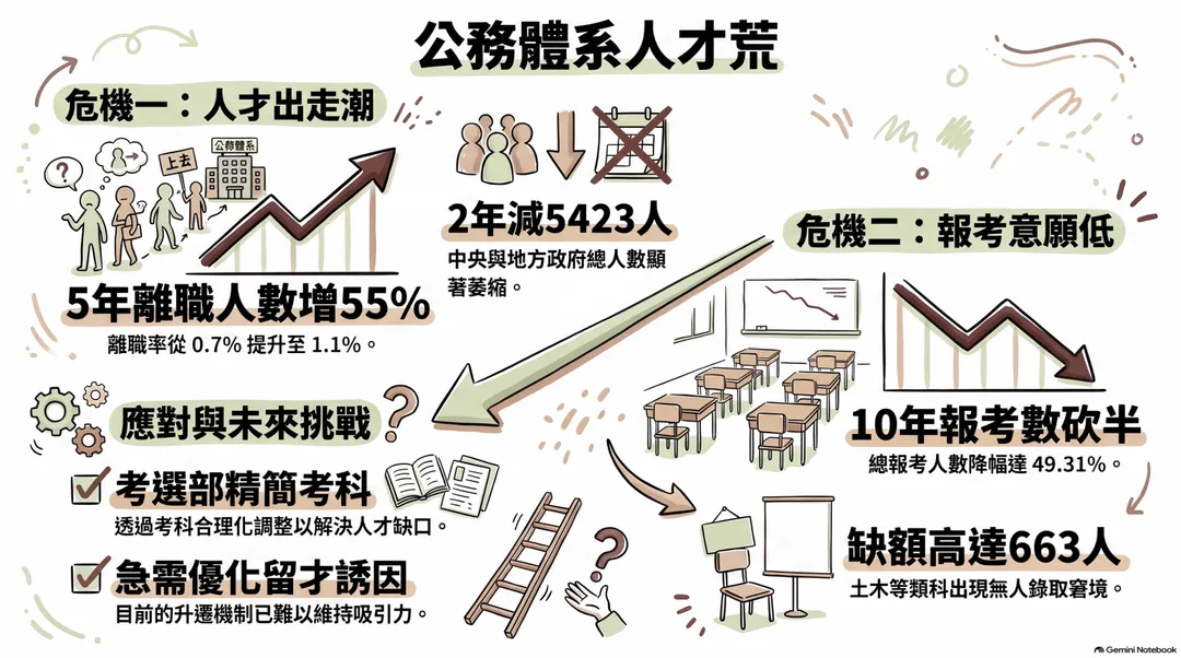 公務體系面臨人才出走潮、報考意願低的窘境。（圖／AI製表／中天新聞）