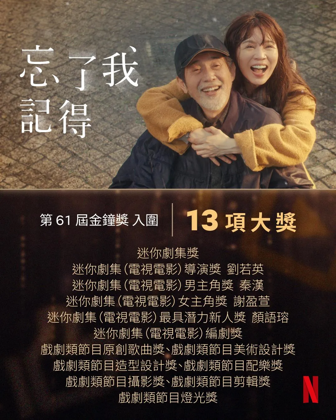 《忘了我記得》在第61屆金鐘獎入圍13項大獎。(圖/Netflix 提供)