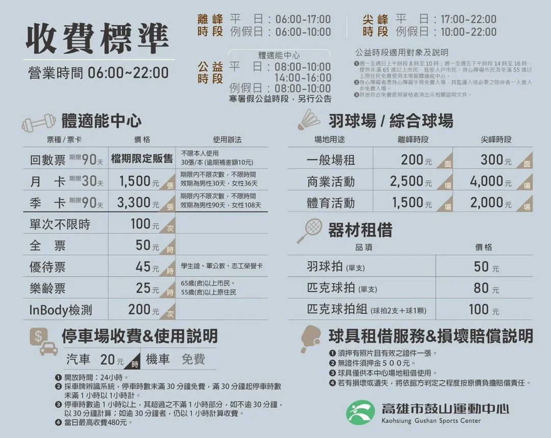 鼓山運動中心公開的收費價格。（圖／鼓山運動中心臉書）