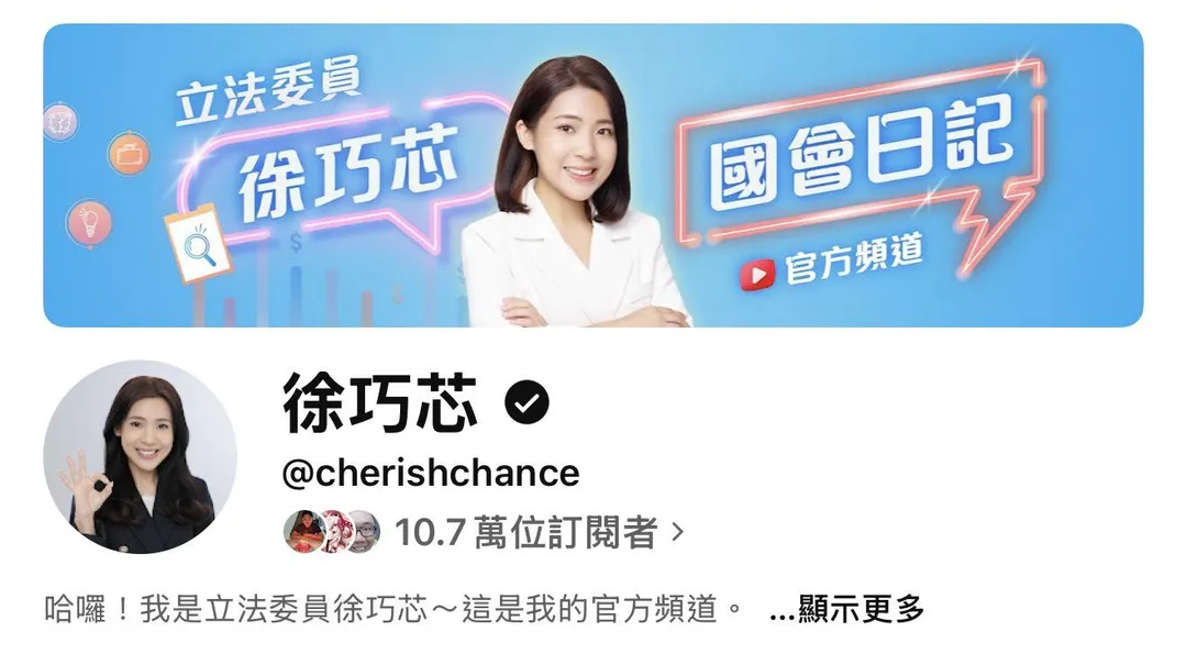 徐巧芯秀出正牌YT官方頻道截圖，澄清留言的是冒牌粉專（攝自網路）