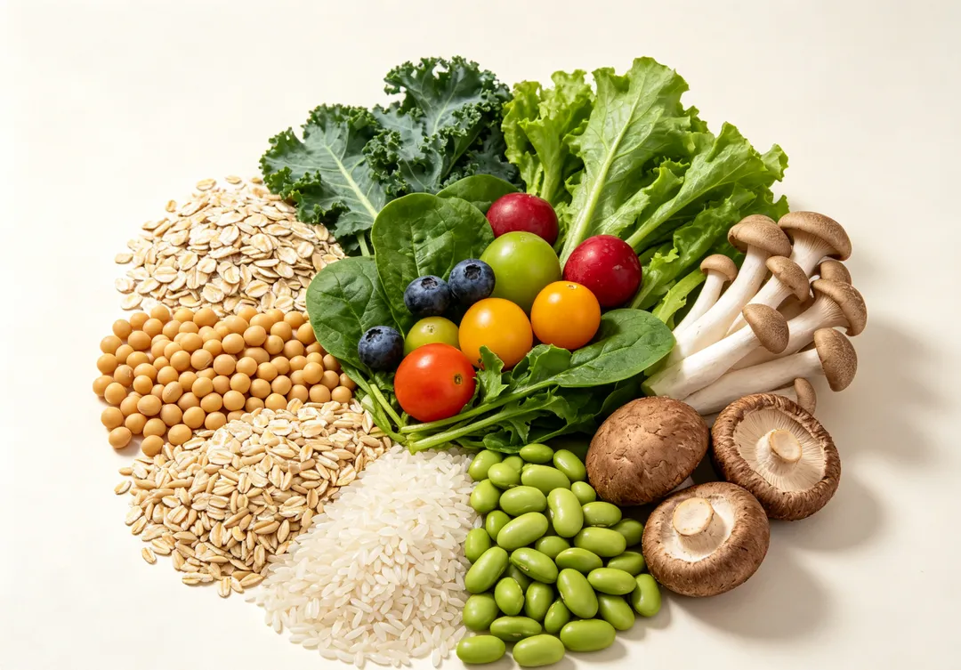蔬菜、水果、燕麥、糙米、豆類及菇類都能提供膳食纖維，有助維持腸道健康與排便順暢。（示意圖／AI生成圖）