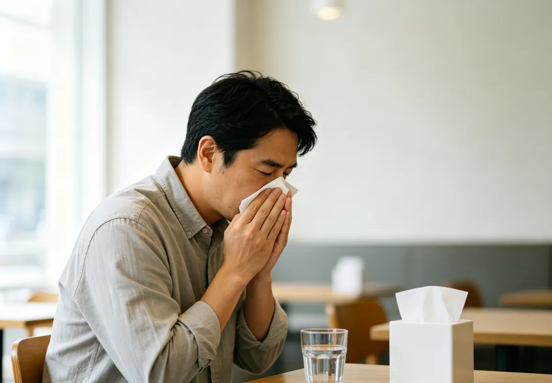 雙側鼻孔同時用力擤鼻涕，可能造成鼻黏膜破損、流鼻血、耳悶耳痛，應採單側交替、輕柔擤鼻。（示意圖／AI生成圖）