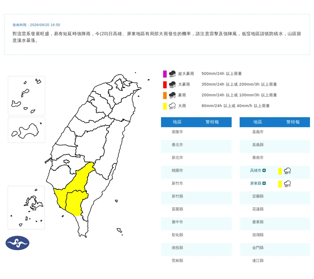 高雄市、屏東縣20日下午將有局部大雨，持續至21日。（圖／中央氣象署提供）