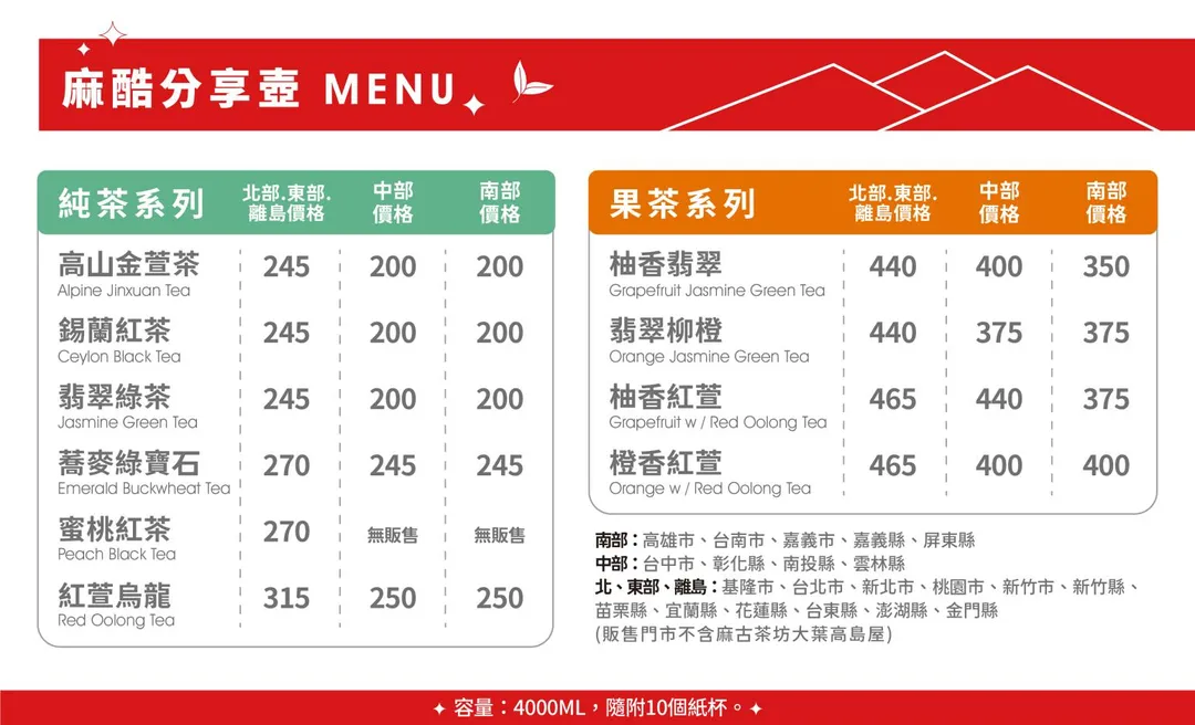 麻酷分享壺菜單（全台售價）。（圖／麻古茶坊提供）