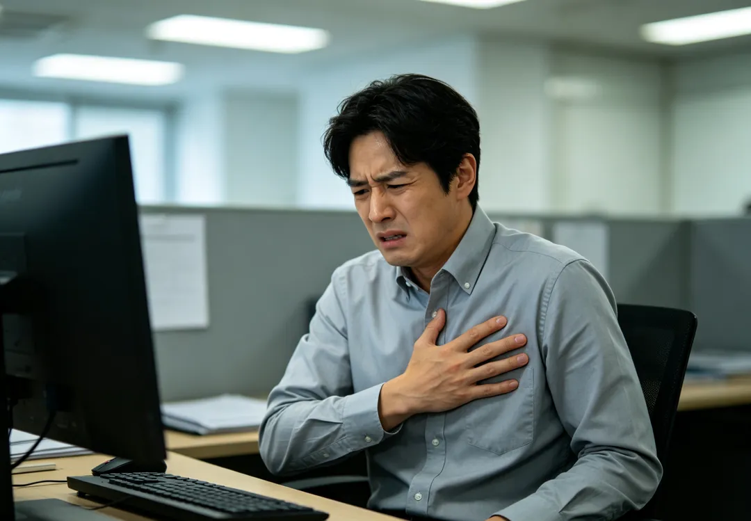 28歲男子上班時突然胸悶，持續約30分鐘未緩解並冒冷汗，同事立即撥打119送醫，檢查發現三條冠狀動脈皆有明顯阻塞。（示意圖／AI生成圖）