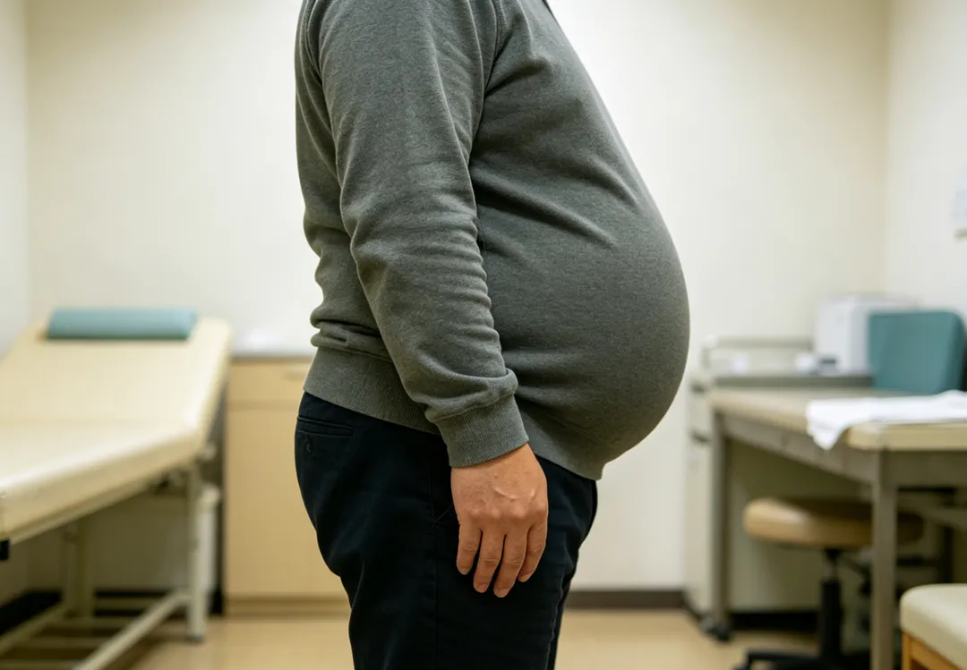 一名中年病人近期扶著腰走進診間,表示肚子愈來愈大、屁股卻愈來愈扁,最近從椅子站起來還要用手撐。(示意圖/AI生成圖)