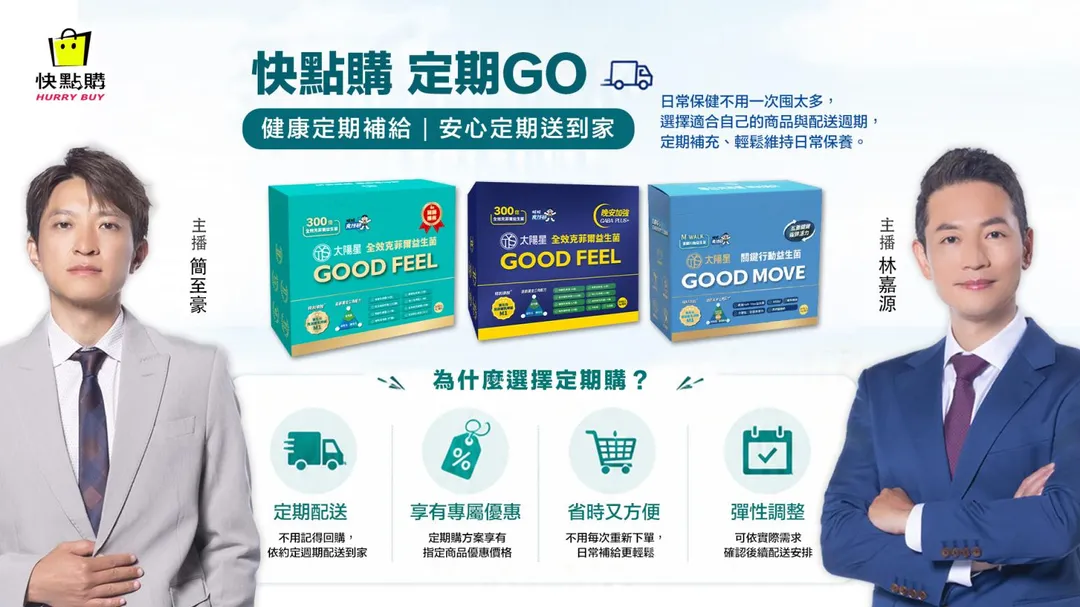加入定期購「太陽星益生菌系列商品」,只需設定一次,每三個月自動配送到家,不怕長輩來不及補貨,暖心關懷不間斷!(圖/快點購)