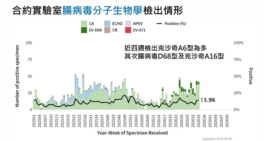近4週實驗室監測顯示,社區腸病毒以克沙奇A6型為多,其次為腸病毒D68型及克沙奇A16型。(圖/疾管署)