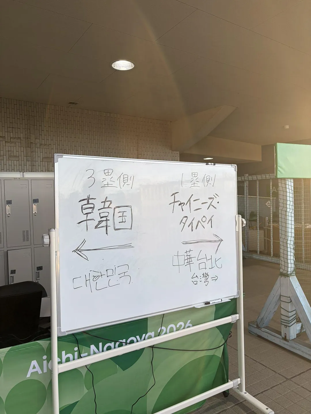 中華隊與韓國的棒球賽事竟以手寫看板標示兩隊應援區位置。（圖／翻攝自推特）