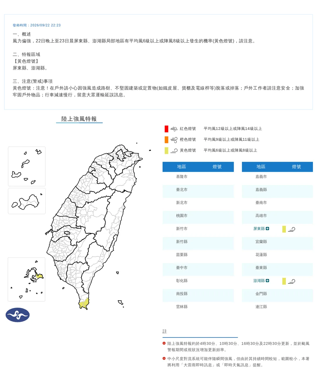 中央氣象署今（22）晚 10 時 23 分針對屏東縣與澎湖縣發布強風黃色燈號特報。（圖／氣象署）