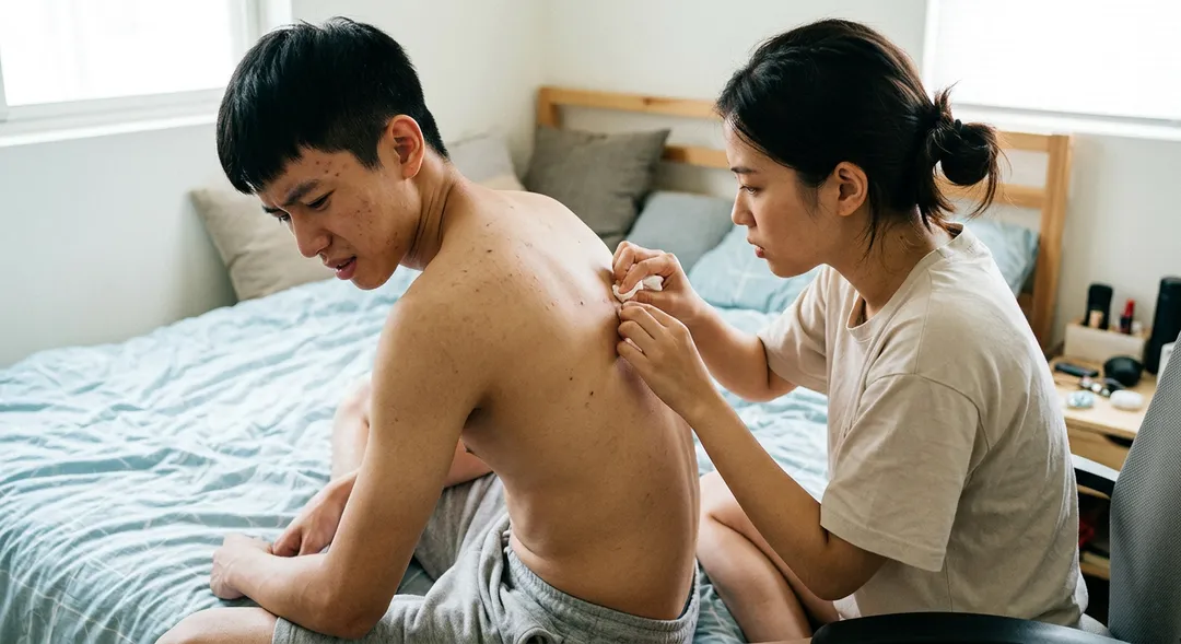 一名男子在與女伴親熱前，女伴好意幫他擠掉背上的「痘痘」，不料數週後背部狂冒痘痘，生殖器周圍也跟著淪陷。（示意圖／AI生成）