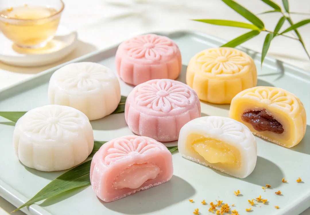 冰皮月餅少了傳統月餅烘焙後的油膩口感,但為了維持滑順、Q彈的餅皮,製作過程仍可能使用植物油、白砂糖及澱粉。(示意圖/AI生成圖)