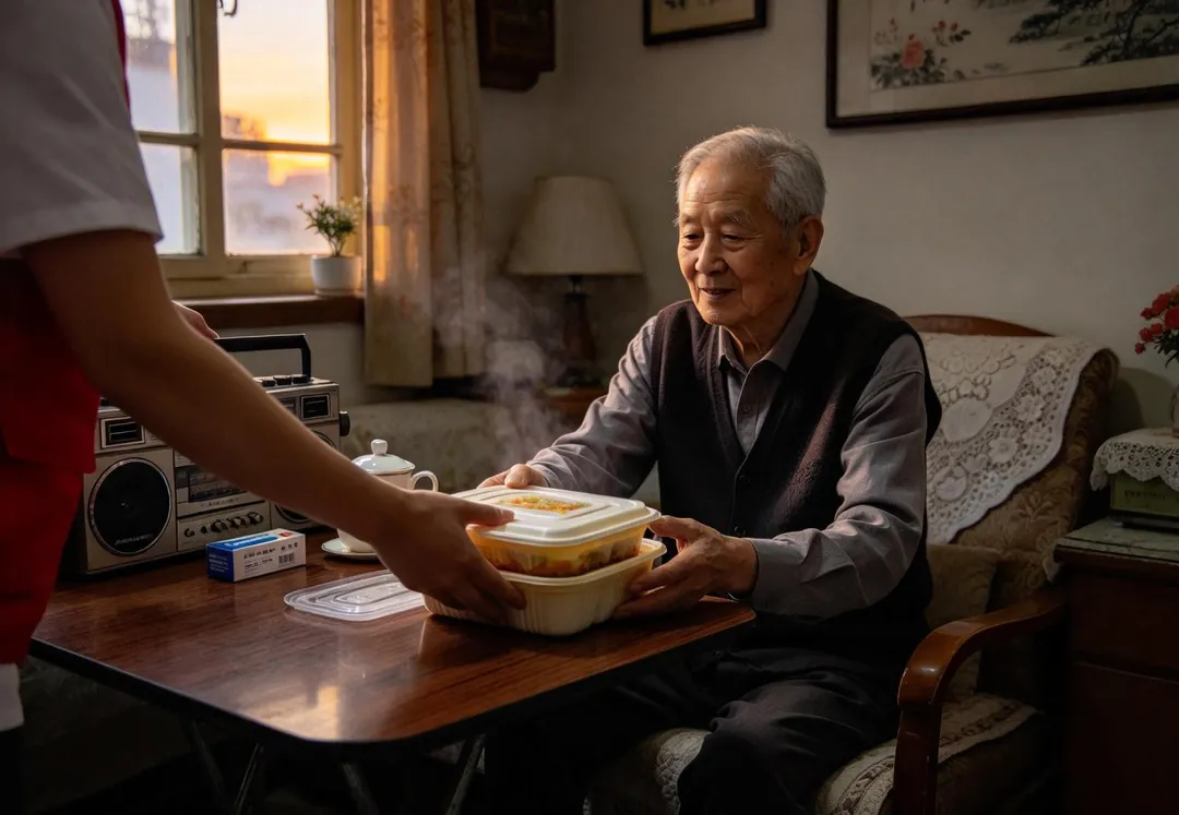 針對經濟弱勢及無法備餐者提供送餐服務，並擴大補助一般戶獨居長者安裝緊急救援裝置。（示意圖／AI生成圖）