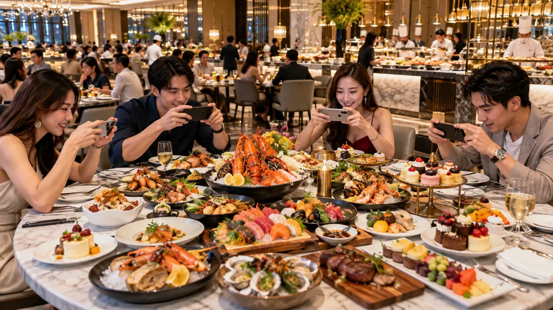 網友在台中吃到飽餐廳目擊鄰桌疑似正在拍片，桌上擺滿大量餐點。（示意圖／AI生成）