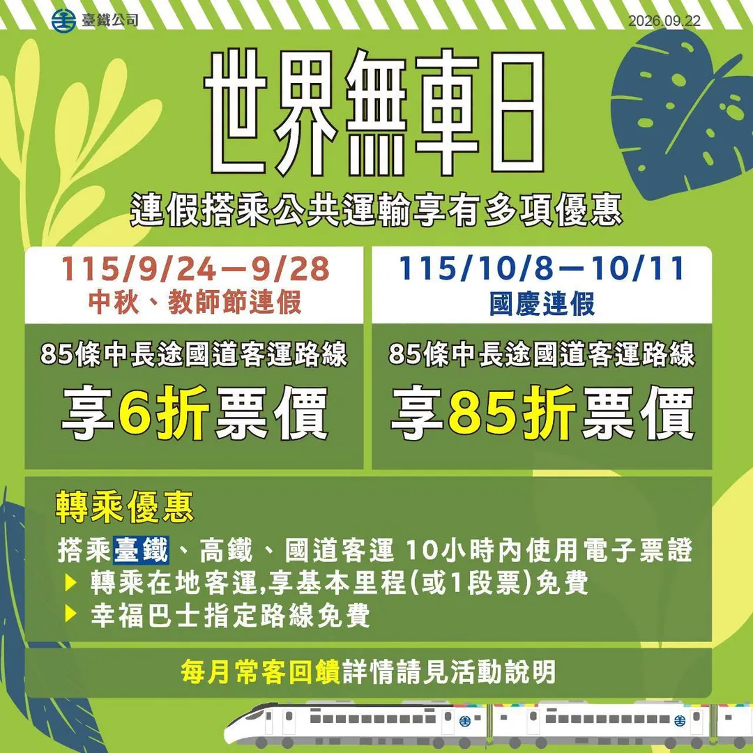 配合交通部響應「世界無車日」，9月24日至9月28日持電子票證搭乘台鐵、高鐵或國道客運，10小時內轉乘在地客運享基本里程或1段票免費。（圖／翻攝台鐵臉書）