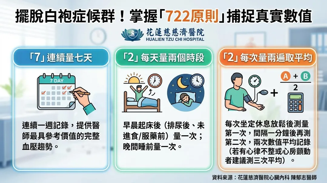 建議落實「722居家血壓量測」,透過連續7天、每天2時段、每次量2遍掌握血壓趨勢。(圖/花蓮慈濟醫院)