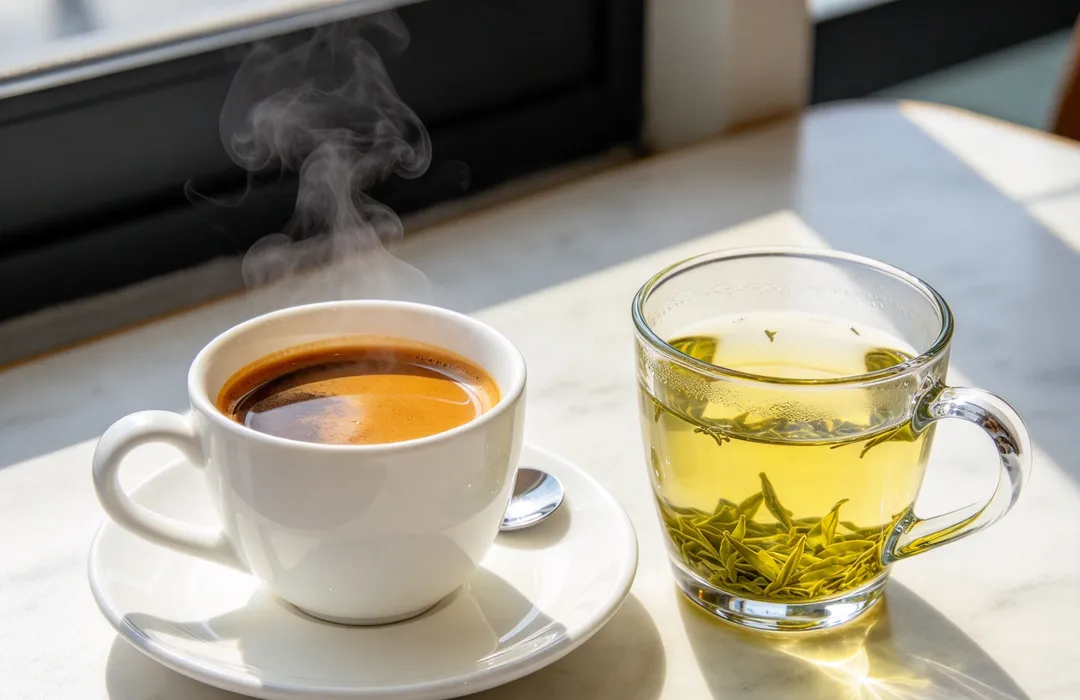 人體研究發現，飲用特定劑量的綠茶兒茶素與咖啡綠原酸後，餐後血糖、GLP-1與胰島素敏感性可能出現改善，但不代表大餐後靠這個組合就能抵銷熱量。（示意圖／AI生成圖）