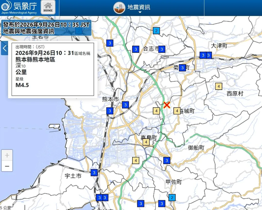 日本熊本縣今（26）日上午10點31分（台灣時間9點31分）發生地震。（圖／翻攝日本氣象廳）（圖／翻攝日本氣象廳）