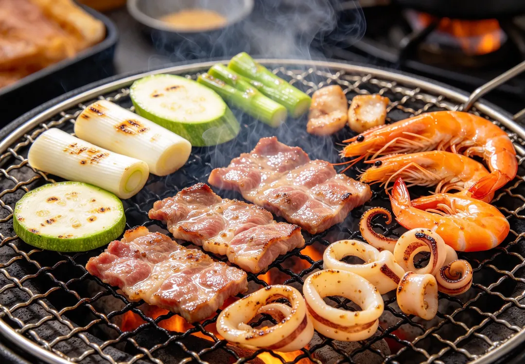 至於中秋烤肉,彭逸珊推薦茭白筍、櫛瓜、豬里肌肉、蝦子及小管等5種食材。(示意圖/AI生成圖)