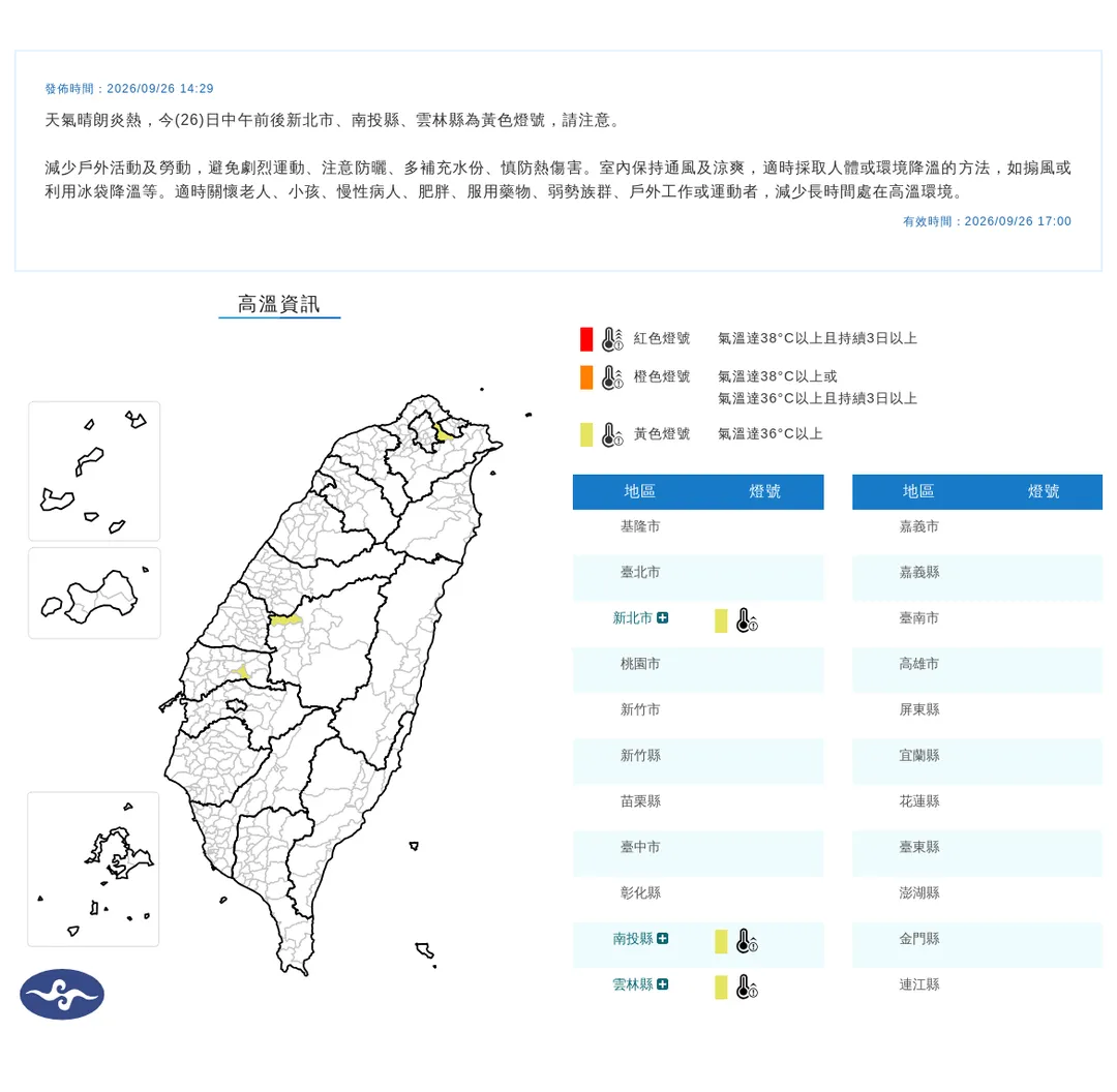 中央氣象署於今（26）日14時29分發布3縣市高溫資訊。（圖／氣象署提供）