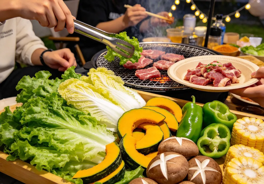 烤肉建議依序先吃蔬菜、再吃蛋白質、最後主食,並優先選擇蔬菜、菇類、豆製品、海鮮及瘦肉。(示意圖/AI生成圖)