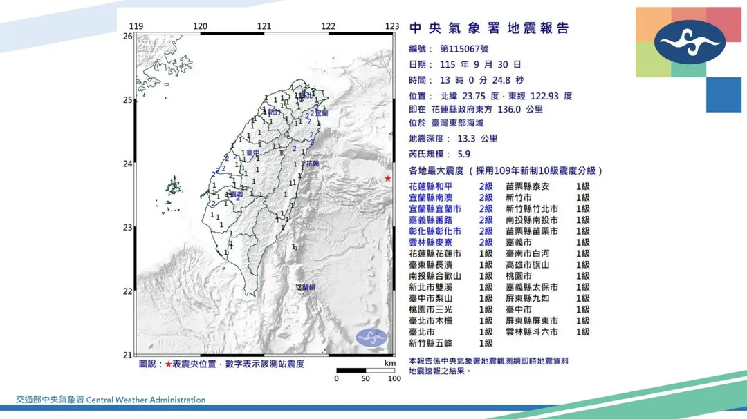 氣象署地震測報中心資料顯示，本次地震的最大震度2級出現在花蓮縣和平、宜蘭縣南澳與宜蘭市、嘉義縣番路、彰化縣彰化市以及雲林縣麥寮等地區。（圖／氣象署）