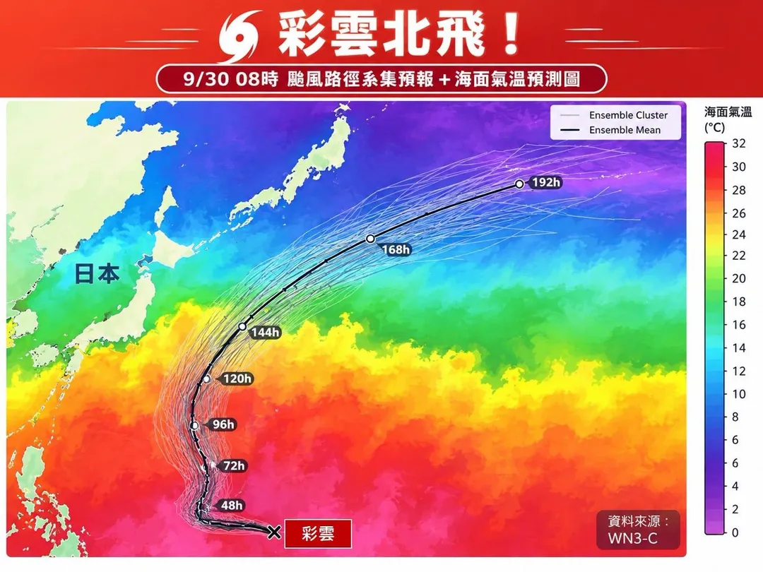林得恩表示，未來幾天內，彩雲有機會再增強為強烈颱風等級。（圖／翻攝自「林老師氣象站」粉專）