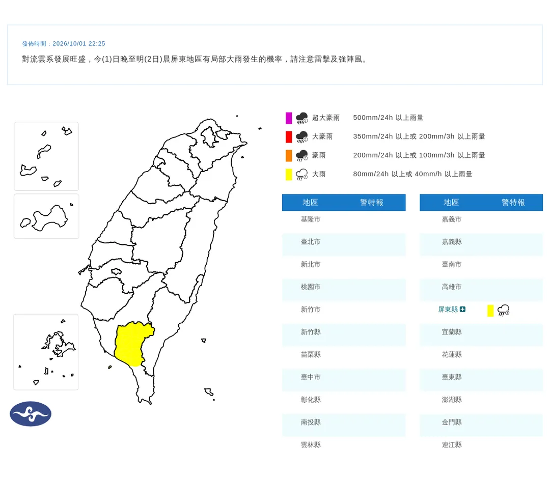 中央氣象署於今（1）日晚間 10 時 25 分針對屏東地區發布大雨特報。（圖／氣象署）