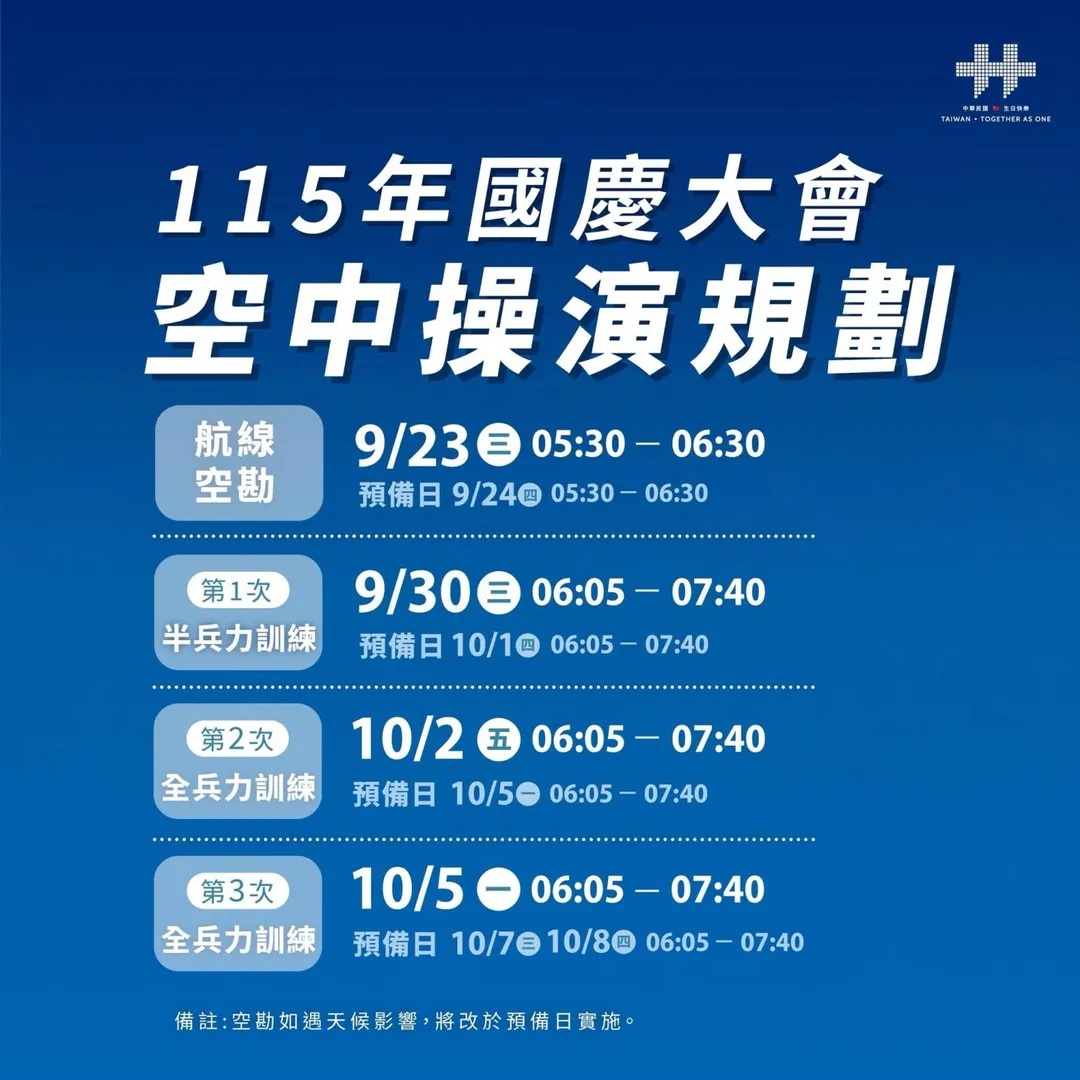 115年國慶空中操演時程表。（圖／取自臉書粉專「中華民國讚國慶」）