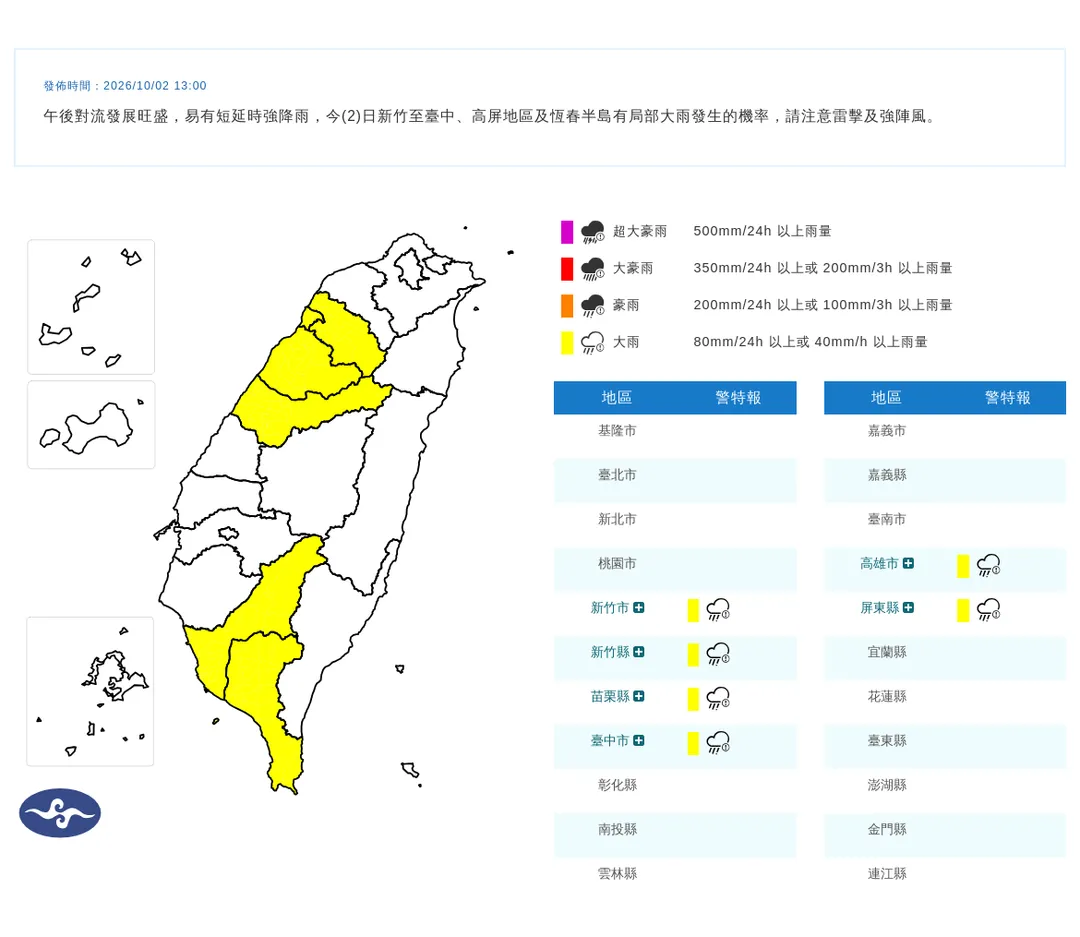 新竹至台中、高屏2日下午將有局部大雨下到入夜。（圖／中央氣象署提供）