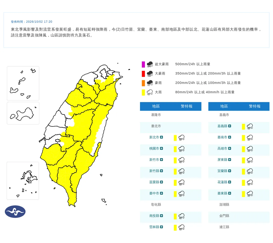 受到東北季風和對流雲系旺盛影響，氣象署2日晚間發布15縣市大雨特報。（圖／中央氣象署提供）