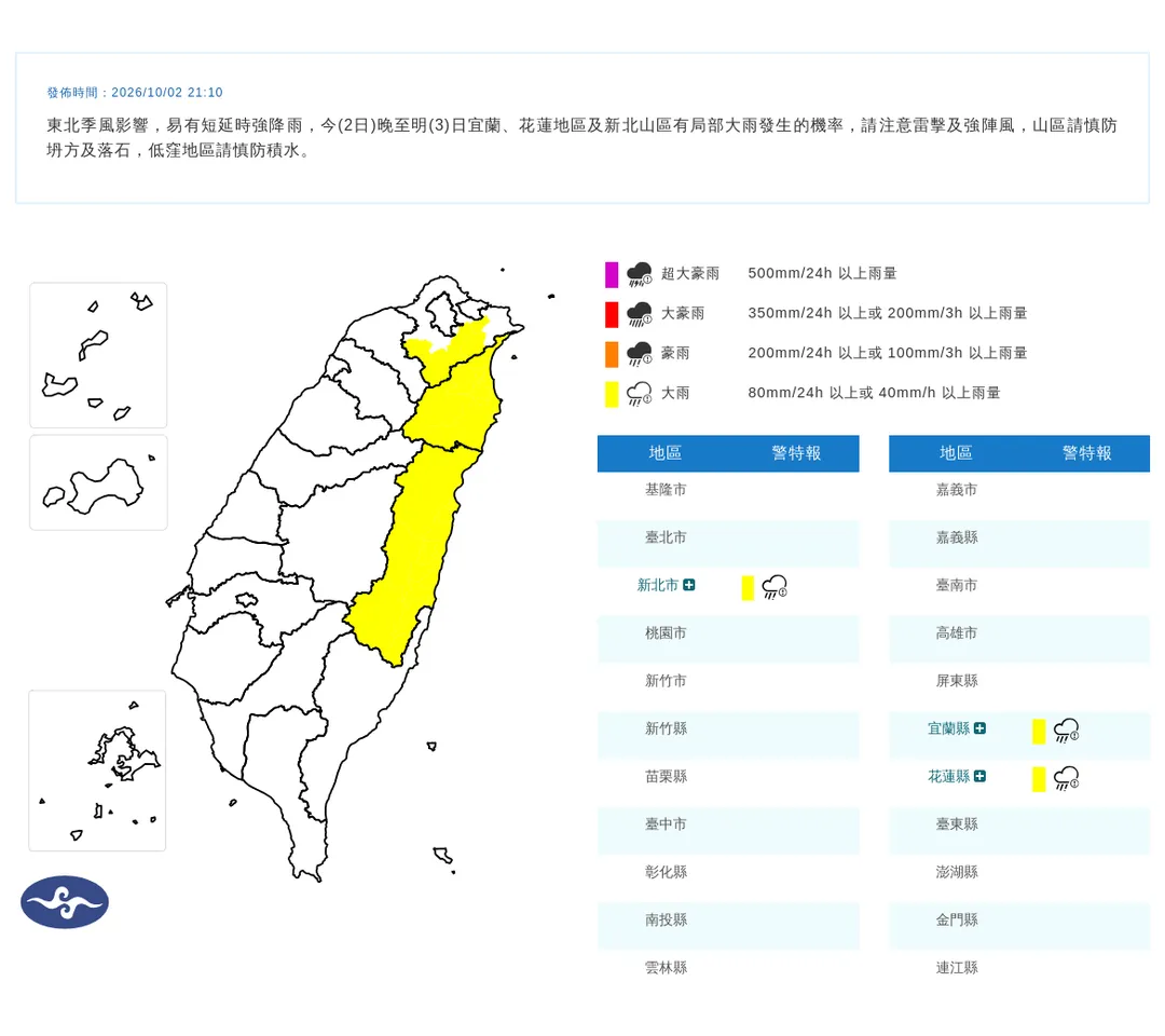 受到東北季風影響，新北市、宜花2日晚間持續有大雨發生。（圖／中央氣象署提供）