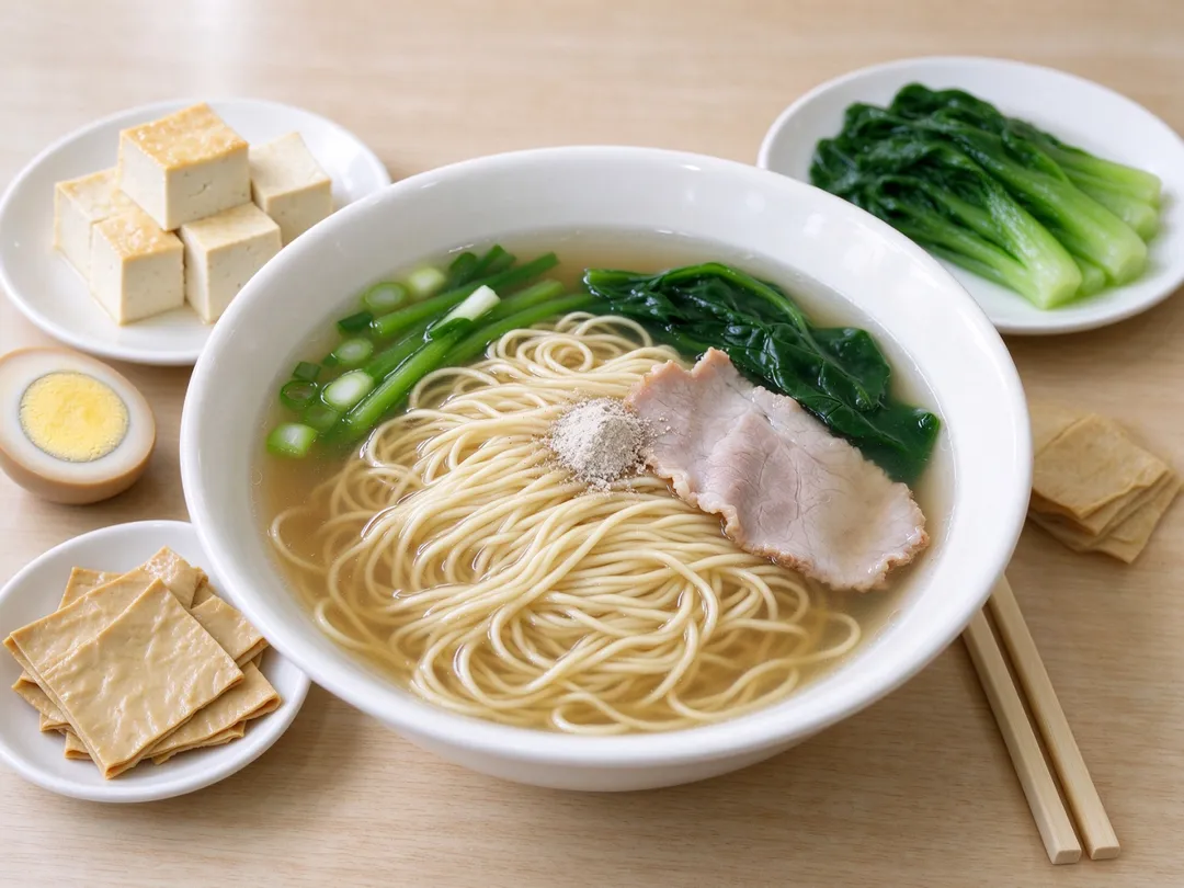 吃陽春麵時可搭配豆腐、滷蛋、豆乾，加上一盤燙青菜，飲食順序先吃蛋白質、再吃蔬菜，最後才吃麵。（示意圖／AI生成圖）