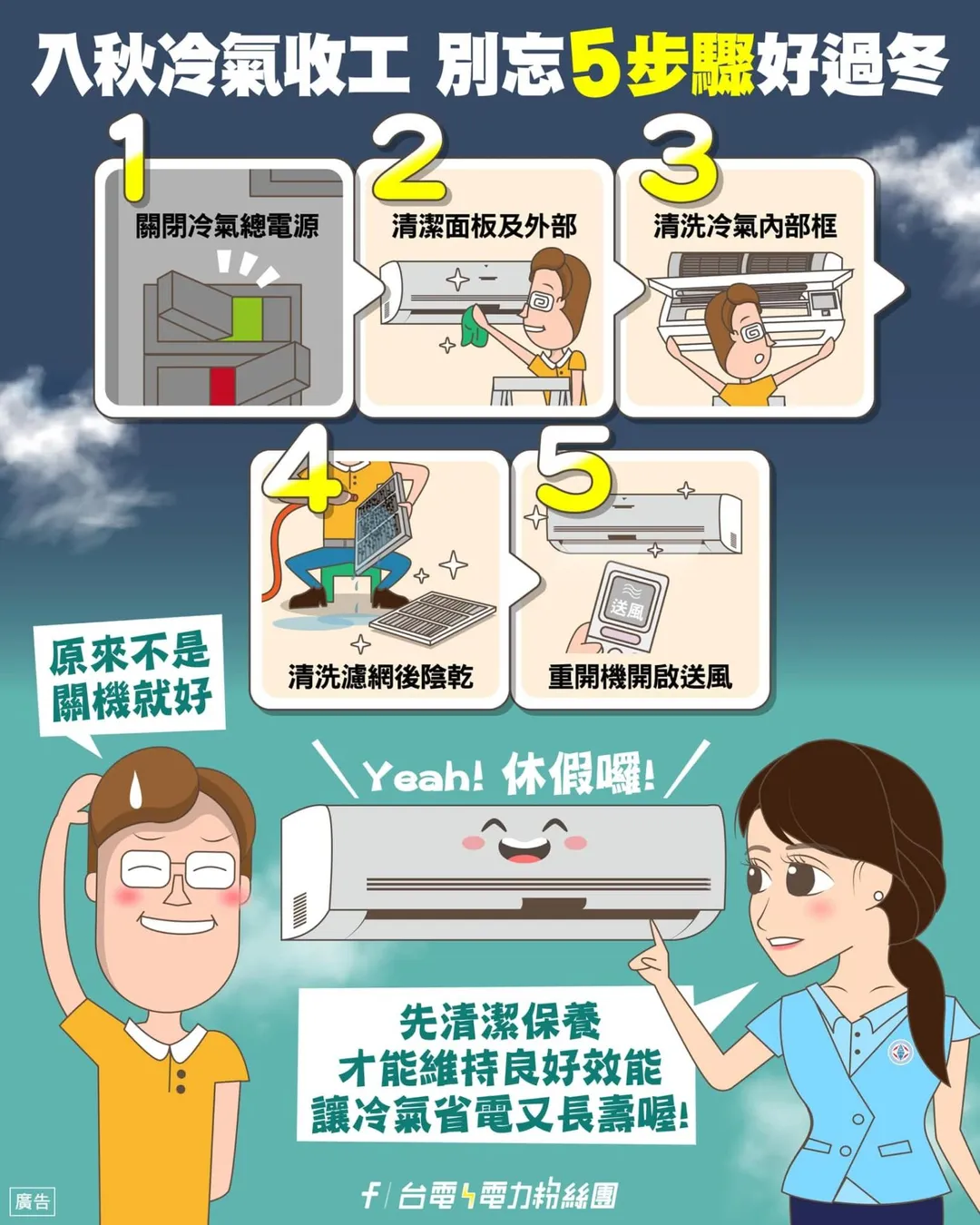 東北季風來襲，台電提醒冷氣收工前做好5大保養步驟。（圖／翻攝自臉書／台電電力粉絲團）