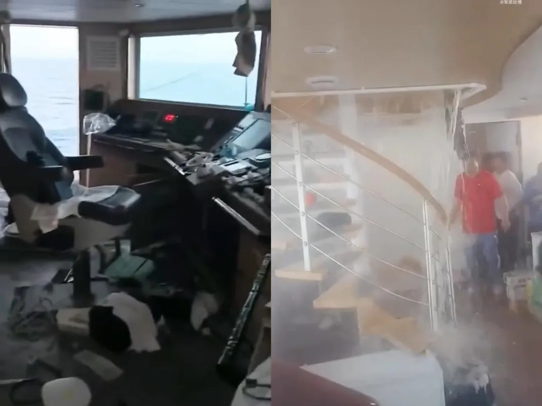 陸網流傳金鯊號漁船內部畫面,設備受損一片狼藉。(圖/翻攝微博「軍武吐槽」)