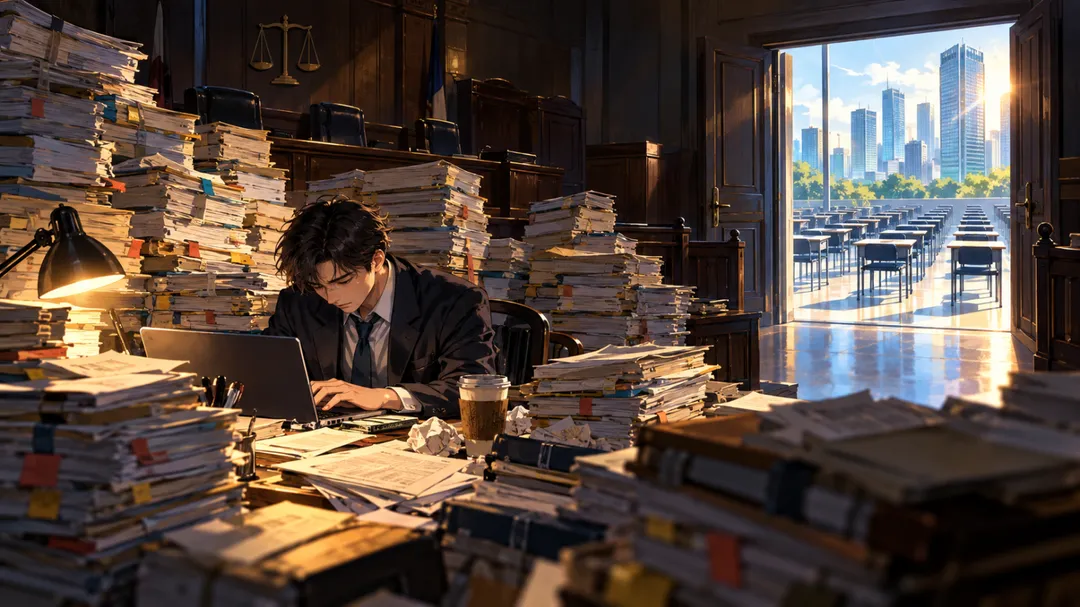 書記官在堆積如山的卷宗前徹夜加班，凸顯公職基層高壓長工時。（圖／示意圖／AI生成）