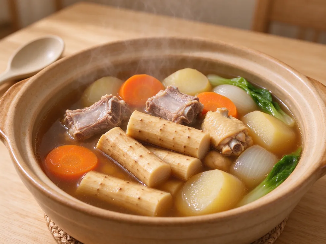 牛蒡香氣適合搭配排骨、雞肉或其他蔬菜一起燉煮湯品。（示意圖／AI生成圖）