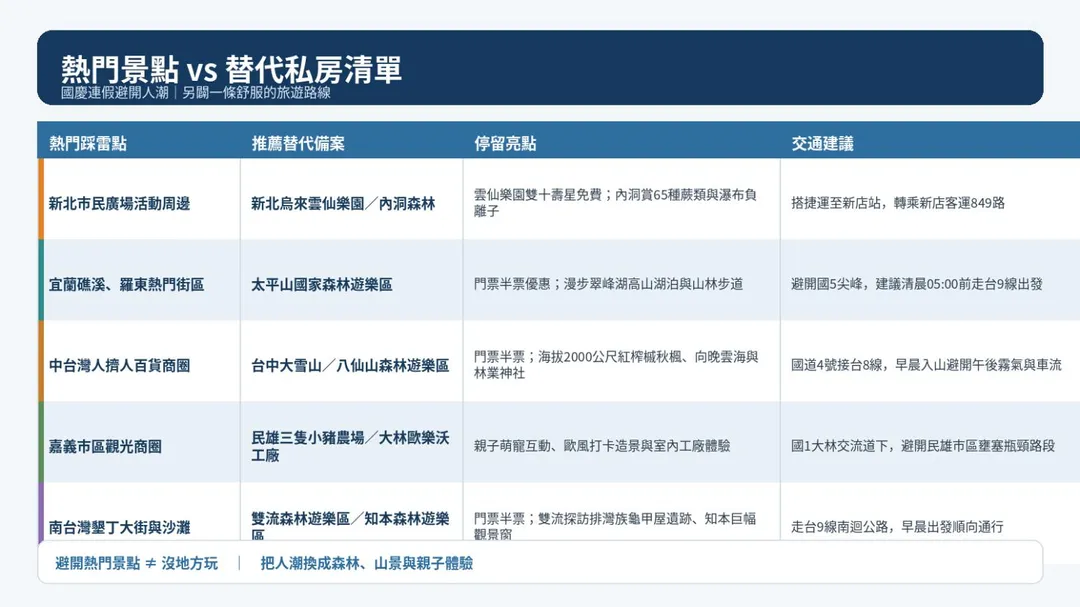 熱門景點替代清單。（圖／AI製表）