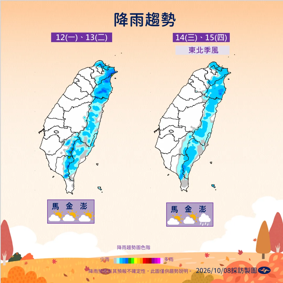 下波東北季風14日起接近，但因強度不強，影響程度不明顯。（圖／中央氣象署提供）
