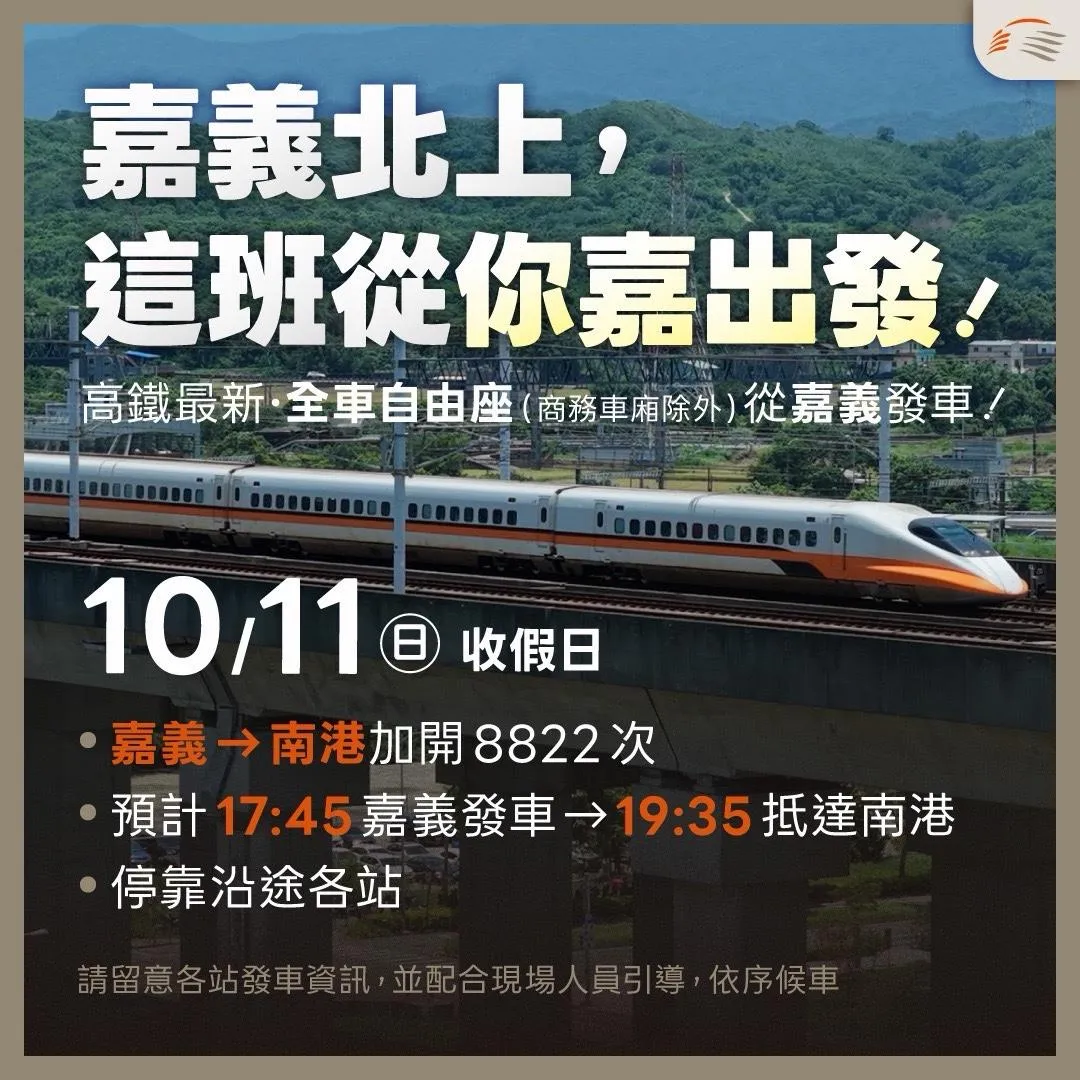 高鐵宣布國慶收假日加開班次。（圖／台灣高鐵）
