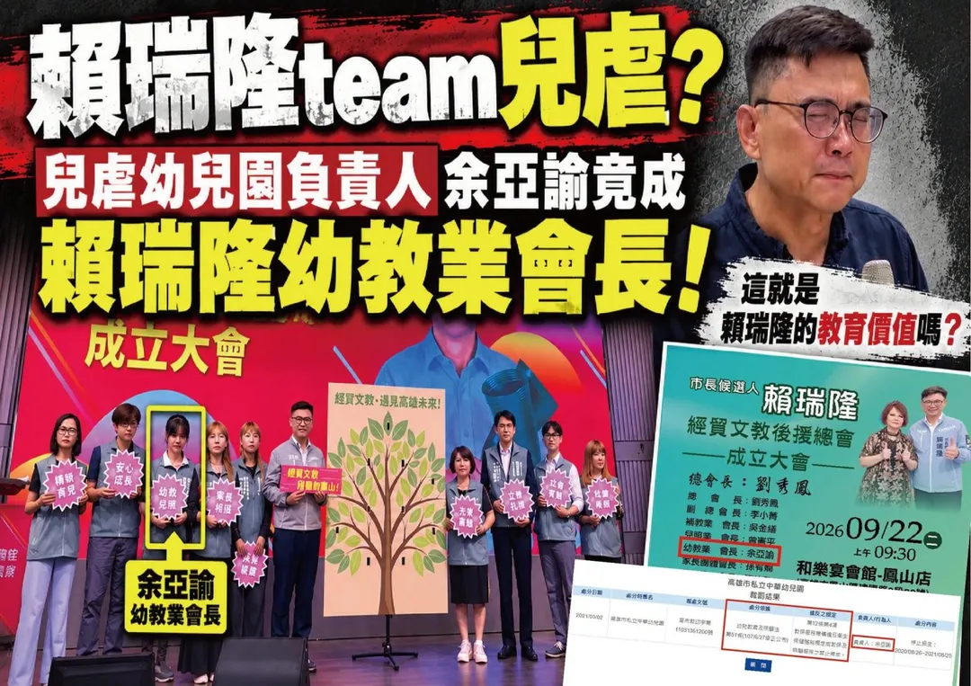 國民黨高雄市議會黨團爆料賴瑞隆幼教產業後援會的余姓總會長經營的幼兒園涉及多起不當管教。(圖/中國國民黨高雄市黨部臉書)