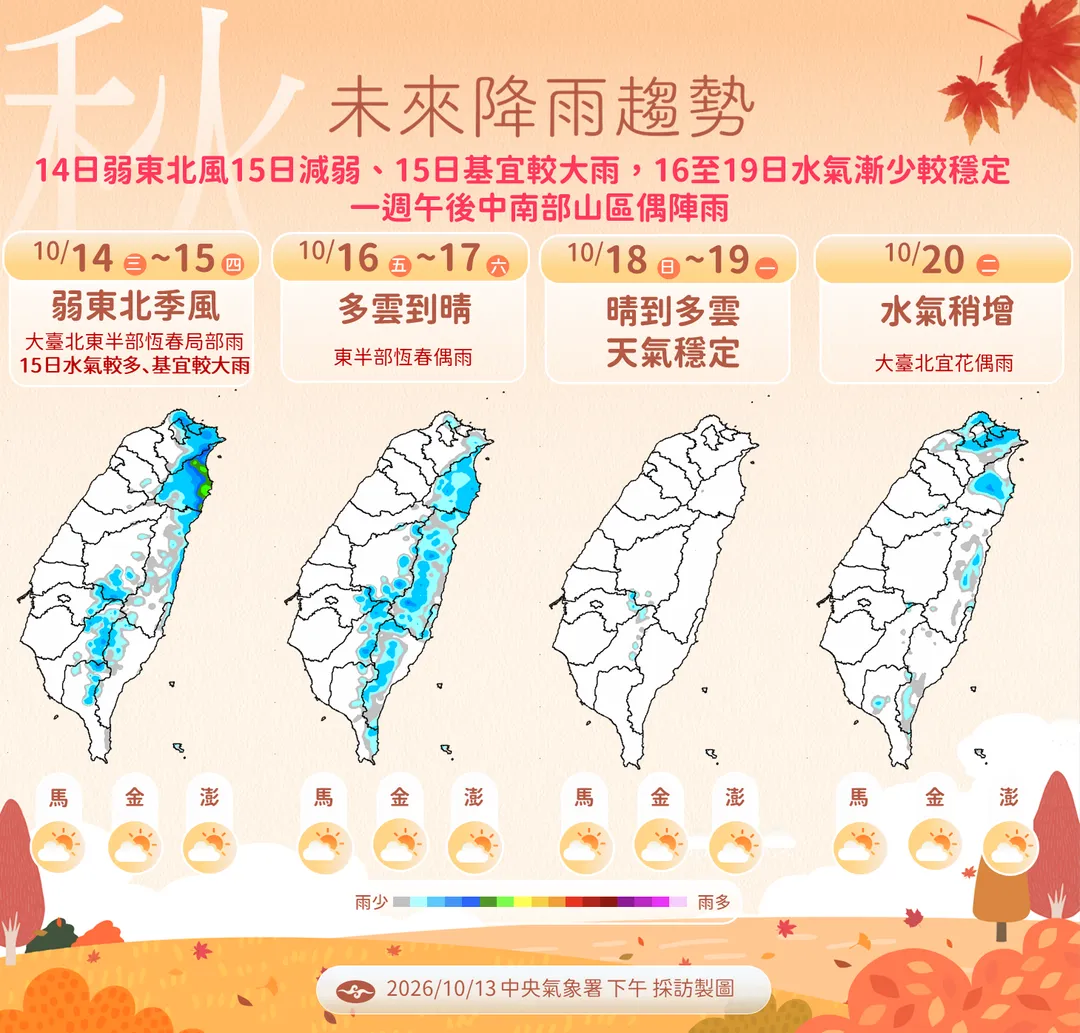 14日起東北季風略強，基隆北海岸、宜蘭局部雨勢較大。（圖／中央氣象署提供）
