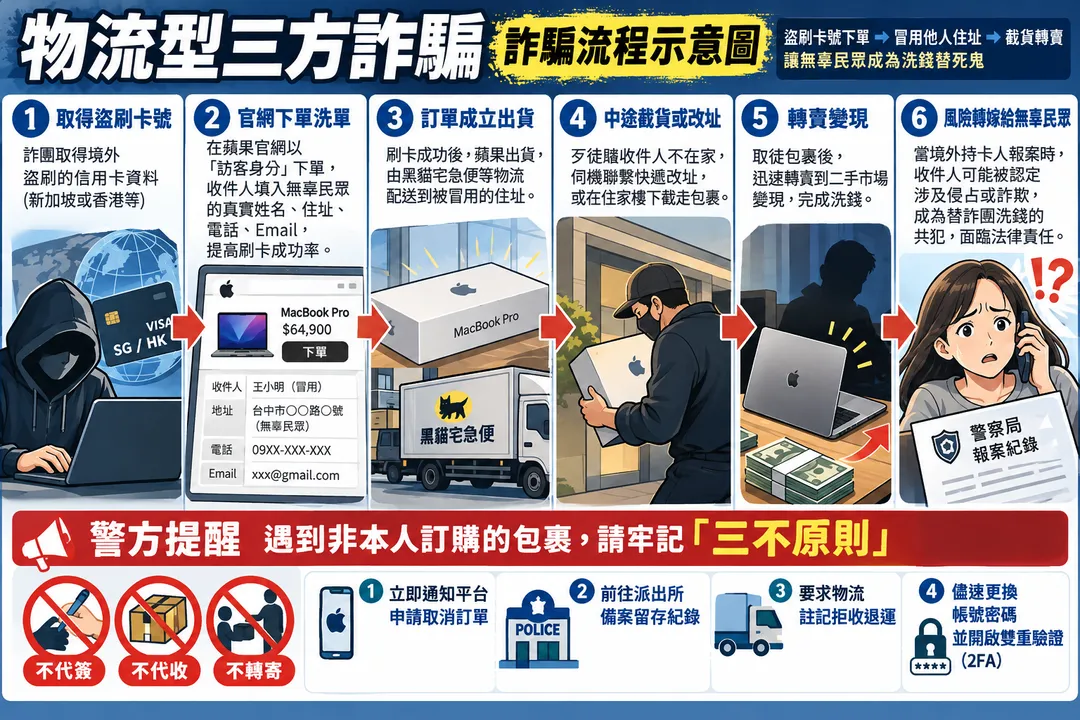 物流型第三方詐騙、洗單詐騙手法及流程圖。（圖／AI製圖）